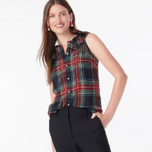 J. Crew Women's Sleeveless Ruffle Collar Plaid Button Down Blouse Size M - Picture 1 of 5